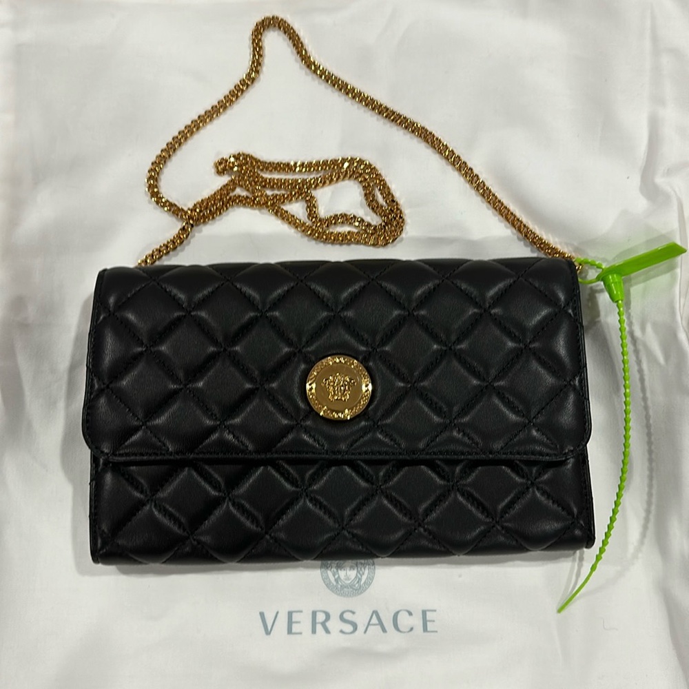 Versace black leather and gold chain crossbody quilted bag